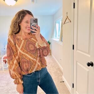 Anthropologie Flying Tomato Red Paisley Smocked Blouse Small